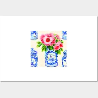 Pink daisies in blue and white chinoiserie jars Posters and Art